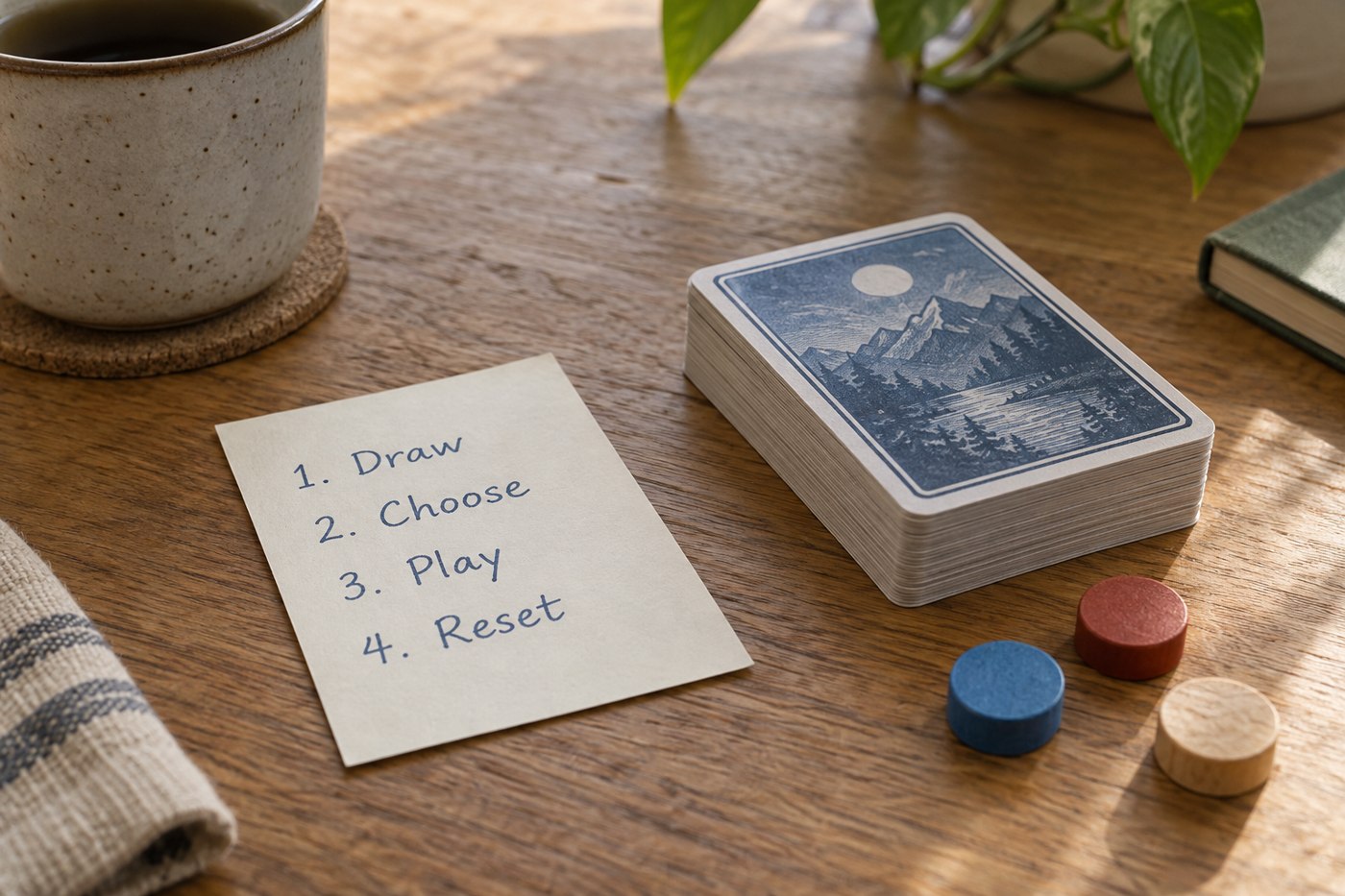 A handwritten player reference card beside a deck and counters