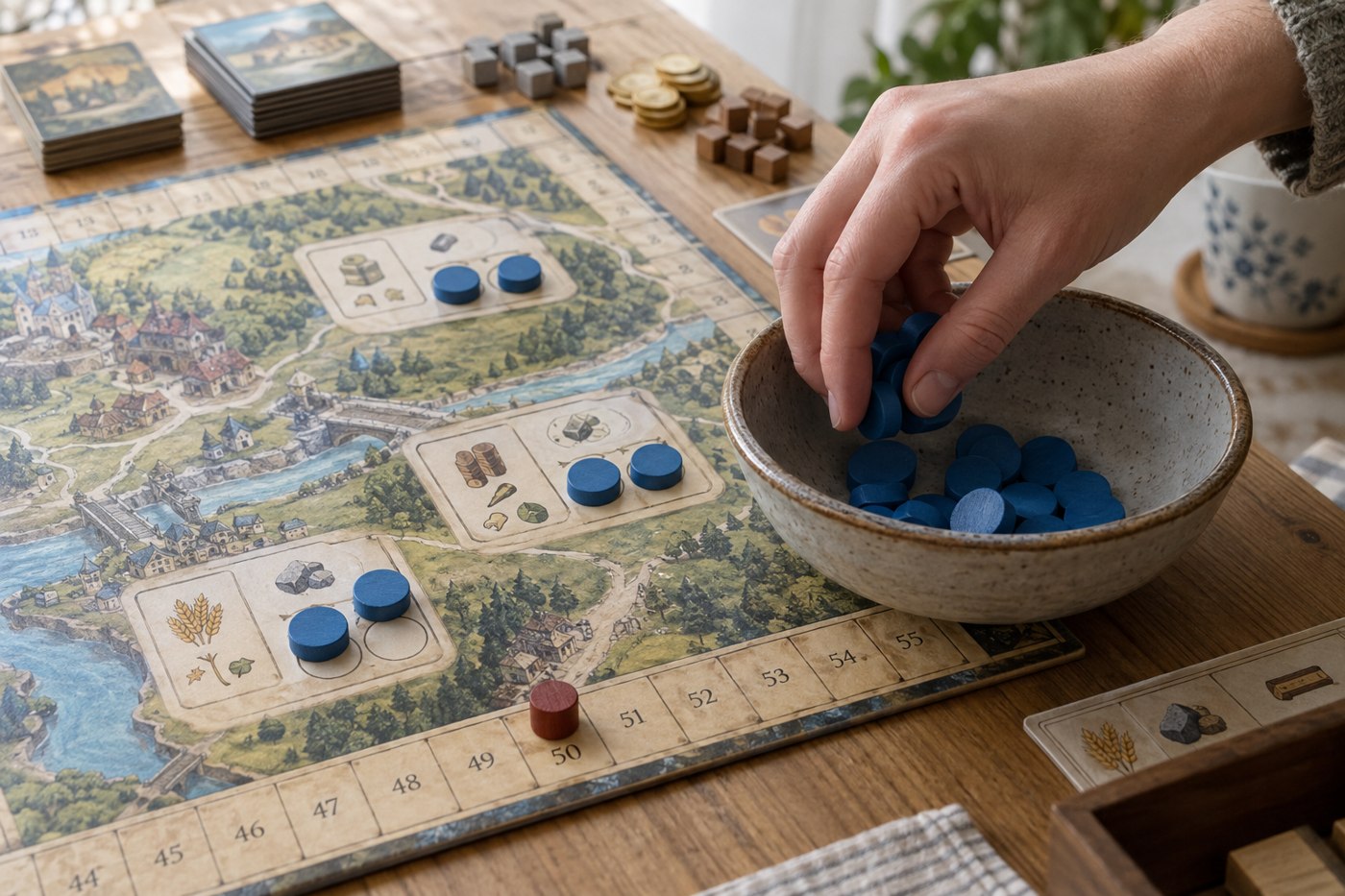 A hand resetting action discs from a game board into a supply bowl