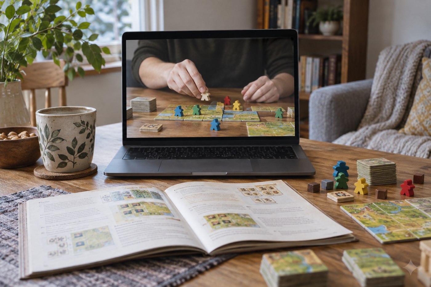 A game tutorial playing on a laptop beside a rulebook and matching pieces