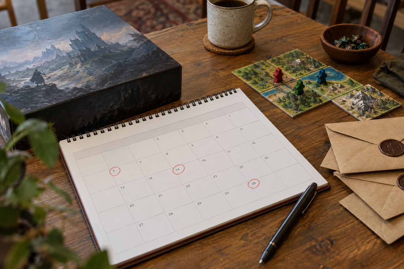 A calendar with marked dates beside campaign game components