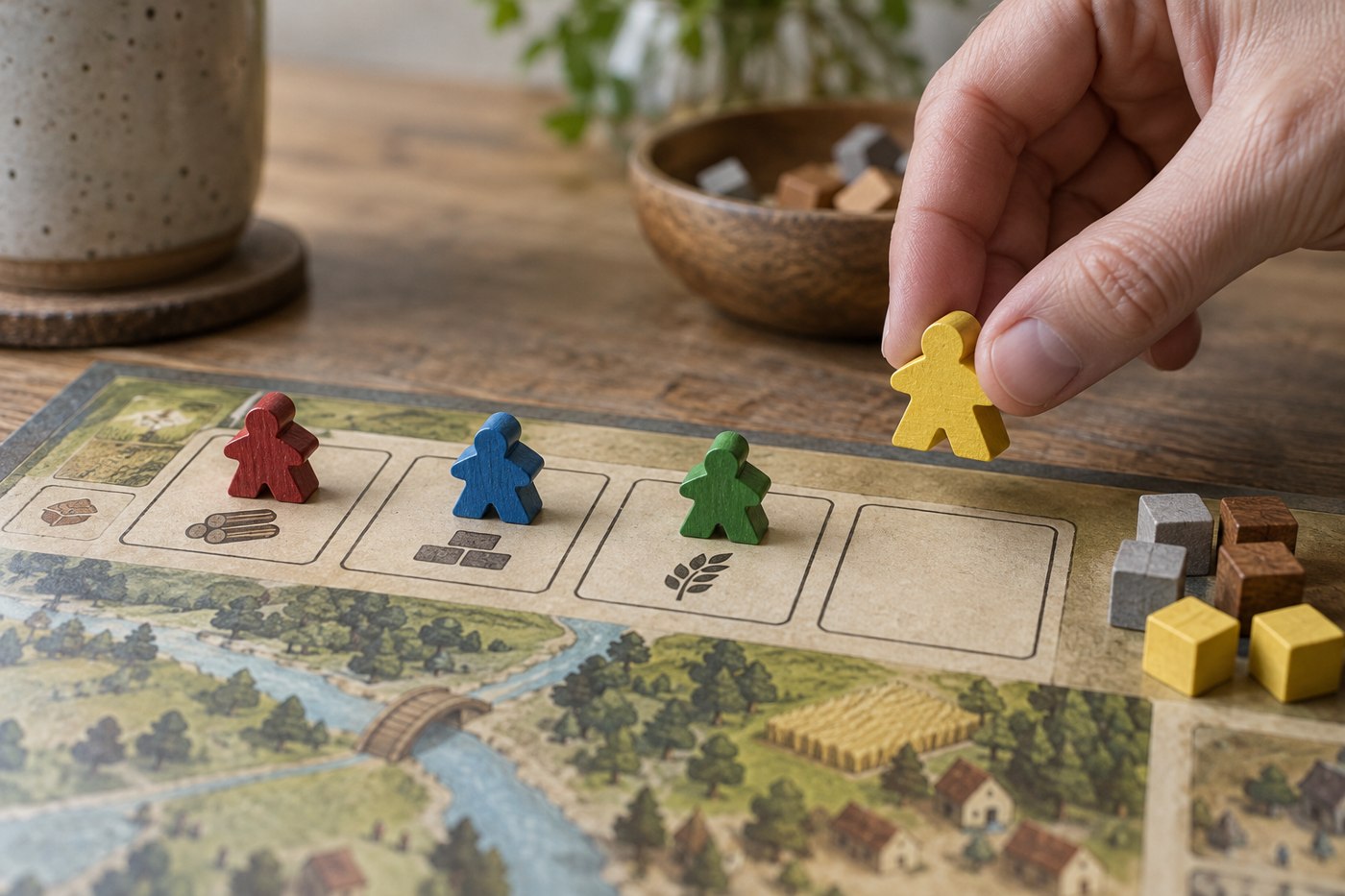 Wooden meeples occupying outlined action spaces on a game board