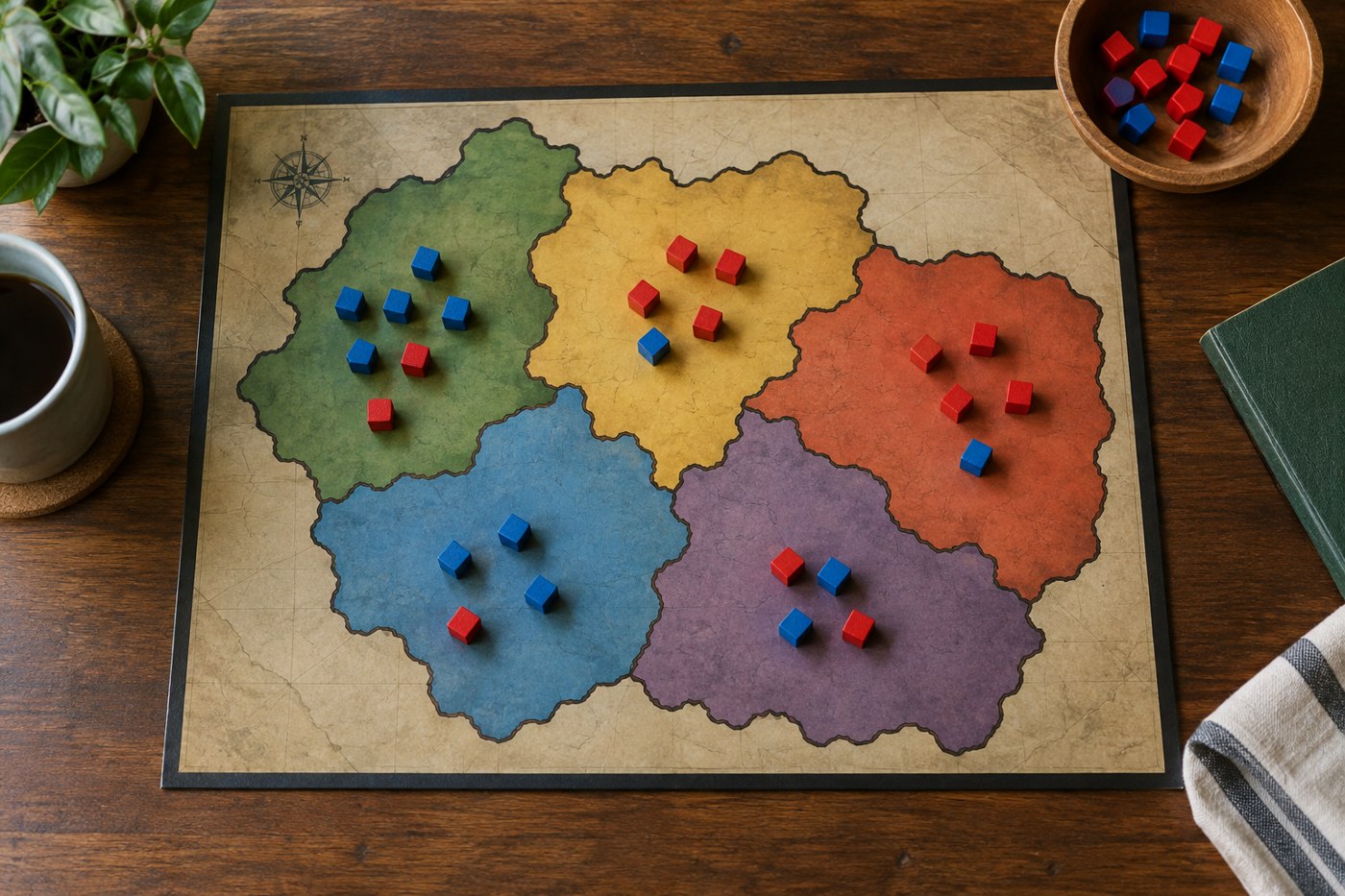 Clusters of coloured cubes occupying regions of a game map