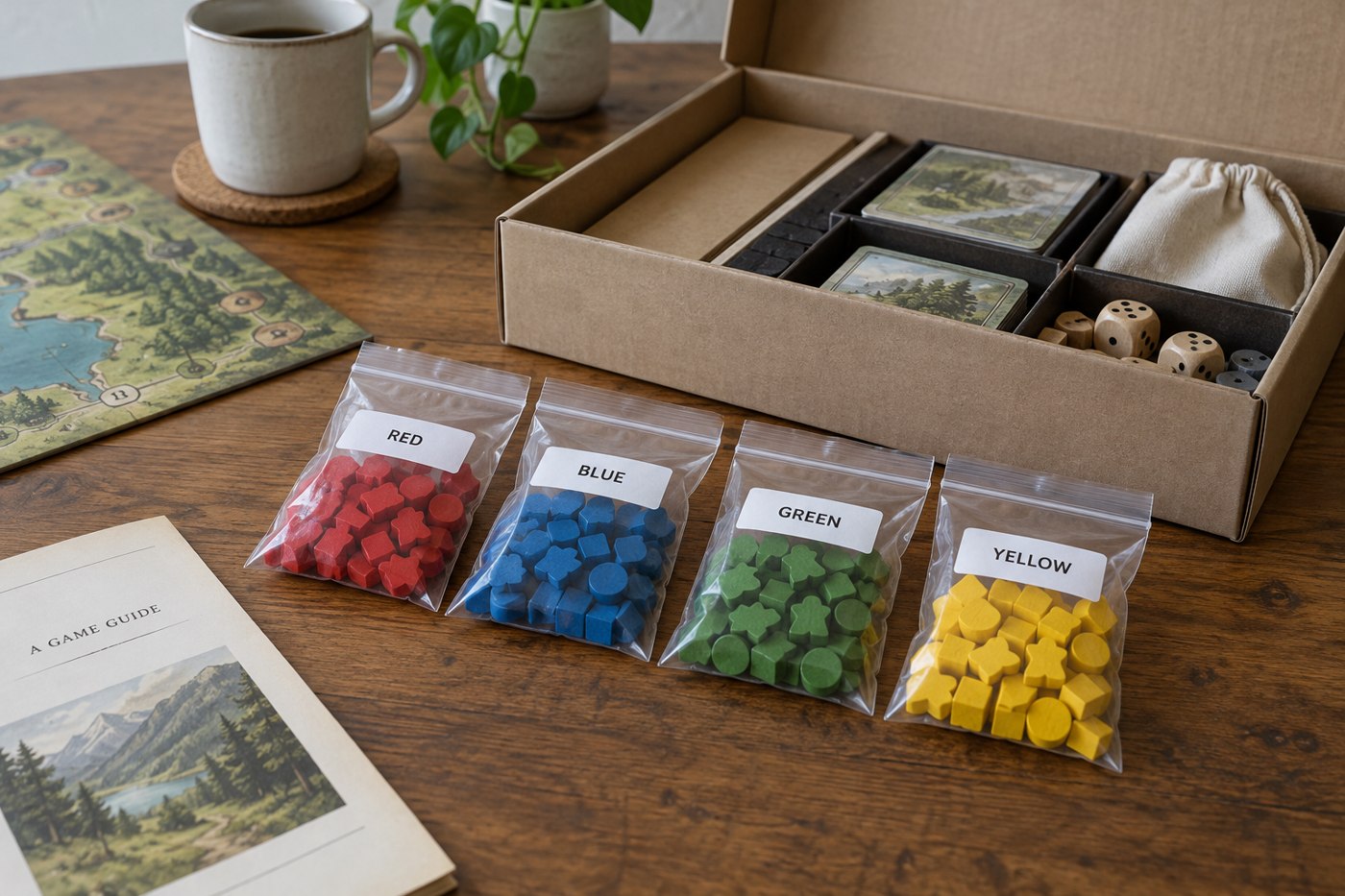 Labelled clear bags containing different colours of game pieces