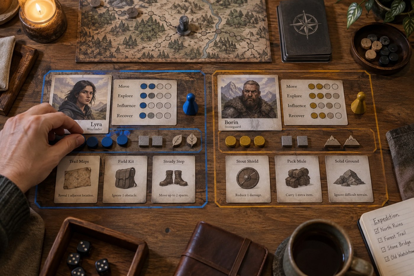 Two separate character areas with their own cards and counters