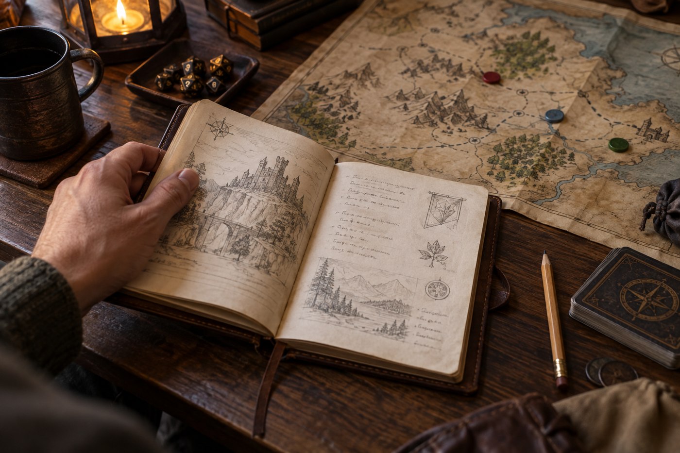 A campaign journal beside a map with progress markers